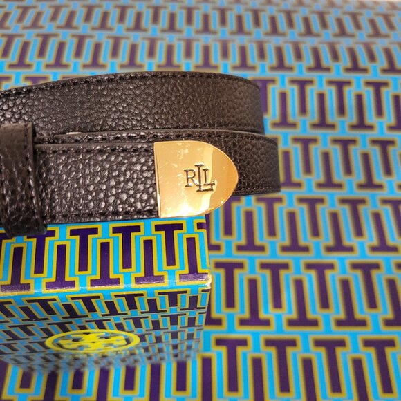 RALPH LAUREN Black Pebbled Leather Belt with Gold Buckle Size Medium LIKE NEW - Picture 2 of 8